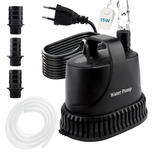 EXLECO Bomba Aguas Sucias Bomba Sumergible 800L/H 15W 220V Achique Agua Pequeña Fuente Exterior Presion de Agua para Piscina Estanque Jardin con 2M Cable 1 Manguera 2 Boquillas