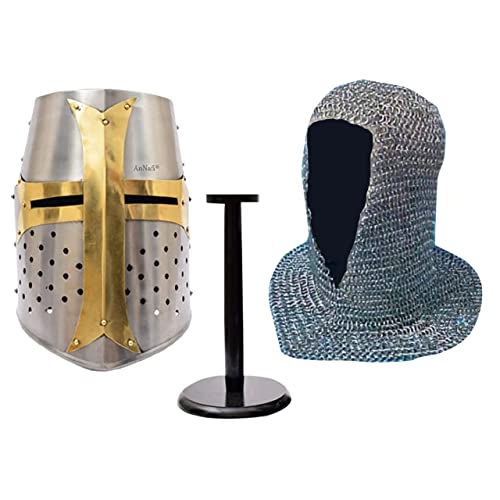 Image of AnNafi Medieval Knight Armor Crusader Helmet + Aluminium Chainmail Coif Headpiece Hood V-Neck+ Helmet Stand, Larp Knight Crusades Costume Templar Reenactment Cosplay, Medieval Costumes Helm Armor SCA