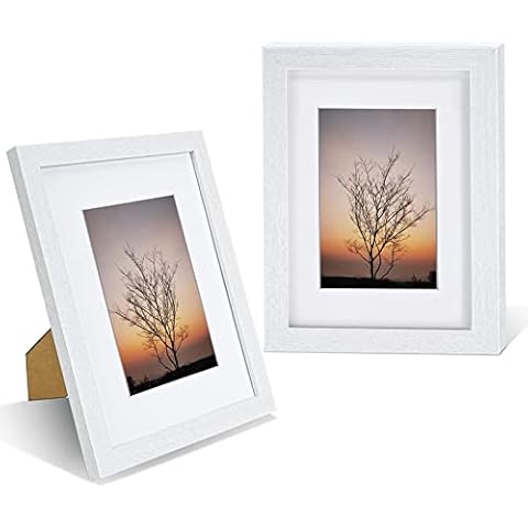 Nacial Set of 2 White Photo Frames 7 x 5" in MDF, Home Décor 5x7 Picture Frames For Picture/Photo/Poster, 7x5" Photo Frame With Mount For 6x4" Photo, with Freestanding Bracket and Mounted Hook Cover