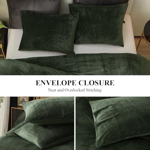 Ivellow Velvet Duvet Cover King Set Dark Green Comforter Cover 3Pcs Ultra Soft Cover Breathable Solid Luxury Flannel Velour Duvet Cover Zipper Closure Corner Tie