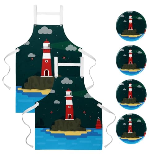 Lot de 2 tabliers de cuisine avec 4 broches motif phare de plage multicolore