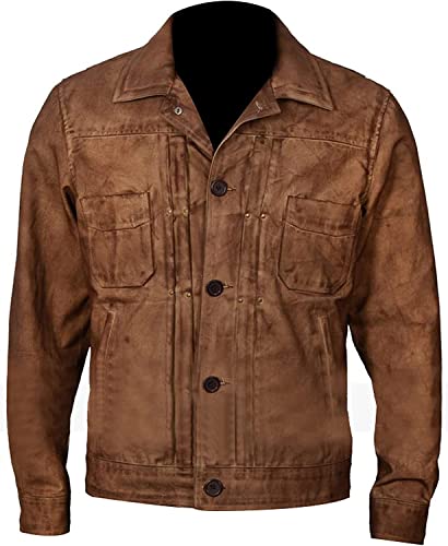 Hide & Seek Men's Vintage Waxed Brown Cowboy Western Fashion Trucker Shirt Collar Classic Retro Leather Jacket
