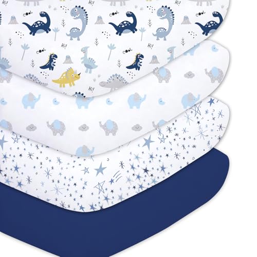 Image of Plushii 4PK Microfiber Crib Sheets for Baby Boys, Animals Under Blue Stars | Fits standard crib & toddler beds (52x28 inch). Soft, breathable cover with cute patterns for boys and girls.