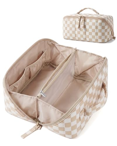 Image of BAGSMART Puffy Travel Makeup Bag Toiletry Bag for Women, Checkred Khaki