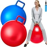 Lewtemi 2 Pcs 29 Inch Big Bouncing Ball with Handle Jumping Hopper Bouncy Ball for Adults Exercise and Air Pump for Outdoor Sports Game(Red, Blue)