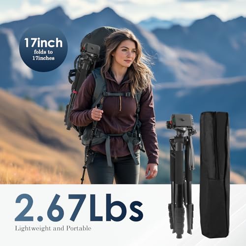 Professional Camera Tripod 67" with 3-Way Pan Head with 1/4''Adapter-5-Section Aluminum Tripod for Smartphones DSLRs Includes Oxford Case Load Capacity 6.6lbs - Image 5