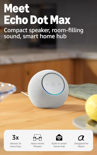 Image of Amazon Echo Dot Max (newest model), Alexa speaker with room-filling sound and nearly 3x bass, Great for living rooms and medium-sized spaces, Designed for Alexa+, Glacier White