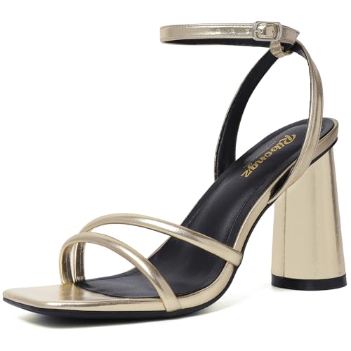 Image of RIBONGZ Block Heels Prom Heeled Sandals for Women Chunky Square Open Toe Strappy High Heels Ankle Strap Wedding Bridal Shoes High Heel Sandals for Party Dress