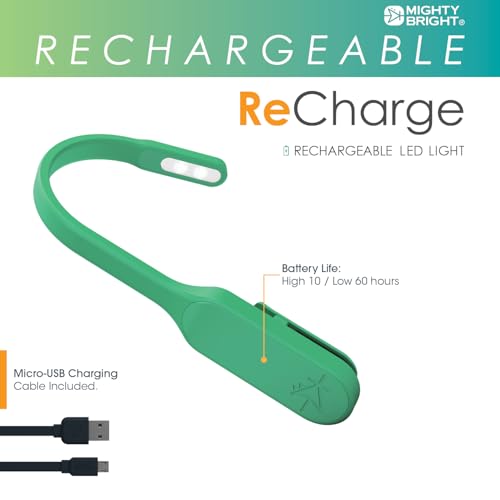 Image of The Original Mighty Bright Recharge Clip On Rechargeable Book Light Reading Light, Warm Eye Care LEDs, Flexible, Durable, Dimmable, Perfect for Kids, Bookworms, Reading in Bed, Lasts 60 Hours (Green)