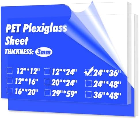 Art3d (2 Pack) 1/8" Thick Plexiglass Sheets - 36" x 24" PET Clear Sheets for Art Design，Craft Projects, Signs, DIY in Home, Wedding, Festival,Party,Office