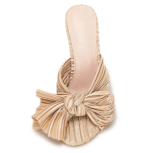 Vetaste Women's Pleated Bow Knot Heeled Sandals Comfortable Slip On Open Toe Block Chunky Heel Slides Bridal Wedding Dress Shoes #TOP3