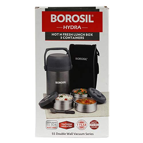 Borosil FGSTIFFCON3 Hydra Hot-N-Fresh - Fiambrera de acero inoxidable (3 piezas, 350 ml), color plateado