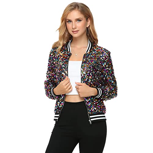 Womens Long Sleeve Sequin Open Front Zipper Jacket With Ribbed Cuffs Plus Size Sequin Blazer For Party Birthday Christmas (Multicolored Medium) #TOP3