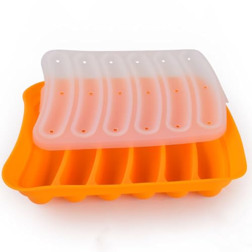 AKOAK 1 Pack Silicone Sausage Mold, 6-cavity - Homemade Hamburger Hot Dog Ice Loaf Candy Jelly Chocolate Tray Mold, DIY Children's Hot dog Egg Sausage Baking Mold with Lid (Orange)