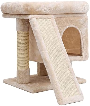 SYANDLVY Small Cat Tree for Indoor Cats, Modern Activity Tower with Cave, Kittens Condo with Scratching Post and Board (Beige)