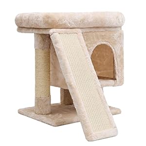 SYANDLVY Small Cat Tree for Indoor Large Cats, Kittens Condo with Scratching Post and Board, Modern Activity Tower with Cave (Beige)