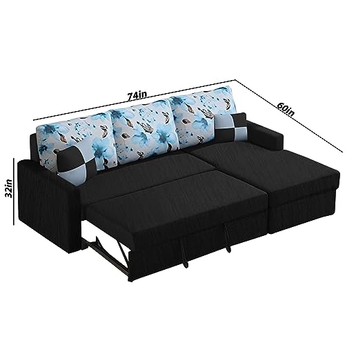 Image of Orland 4 Seater LHS L Shape Sofa Cum Bed for Living Room | Color - Black | Premium Fabric Sofa