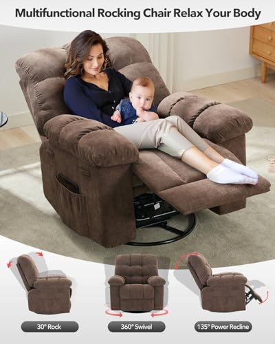 Image of Rocking Recliner Chair, 360 Swivel Glider Rocker Chair for Living Room & Nursery, Upholstered Fabric Single Sofa with Side Pockets, Heavy-Duty Steel Frame Lazy Recliner for Small Spaces, Brown