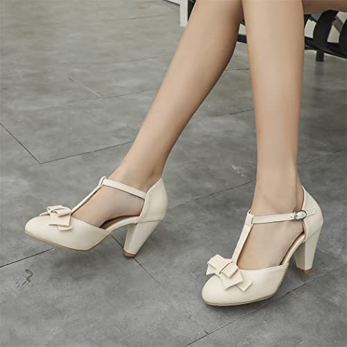 Image of Elbslutt Women's Cute Retro Rockabilly Shoes T Strap Mary Janes Heels Chunky Cosplay Shoes Sweet Block Heeled Bow Pumps