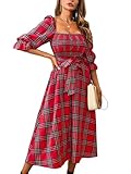 CUPSHE Women's Maxi Dresses Square Neck Plaid Smocked Belted Ruffled Casual Half Trumpet Sleeve A Line Long Party Dress Red Plaid, S