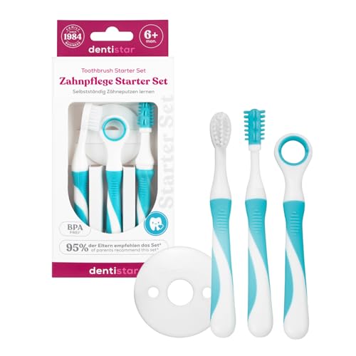 dentistar Set de Inicio de Cuidado Dental – Cepillos de Dientes para Bebés a partir de 6 Meses – Cepillo de Entrenamiento, Anillo de Protección para Mayor Seguridad, Cepillo y Limpiador de Lengua