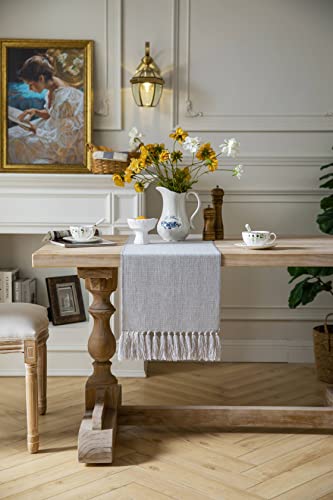 Zeemart Light Grey Table Runners 90 Inches Long, Burlap Linen Style Rustic Farmhouse Table Runner, Long Boho Dining Table Runner, 13X90 Inches, Allover Light Silver Grey #TOP1