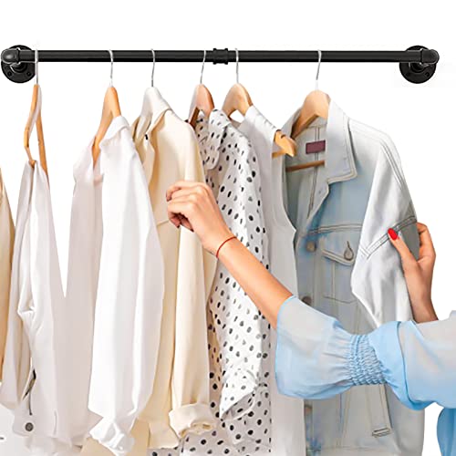 Varsoul Wall Mounted Clothes Rack - 48"Industrial Pipe Clothing Garment Rack, Space-Saving Heavy Duty Detachable Black Iron Clothes Hanger Pole, Multi-Purpose Hanging Rod For Closet Storage, 2 Base #TOP8