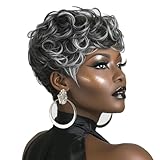 MOONSHOW Grey Wigs for Black Women Black Mixed Grey Pixie Cut Wig Short Gray Hair Wigs for Black Women Synthetic Ombre Grey Short Curly Pixie Wig (Ombre Grey)