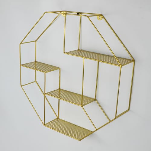 Image of Hexagon Shelf Gold Round Tube Wall Floating Shelf Storage Decor