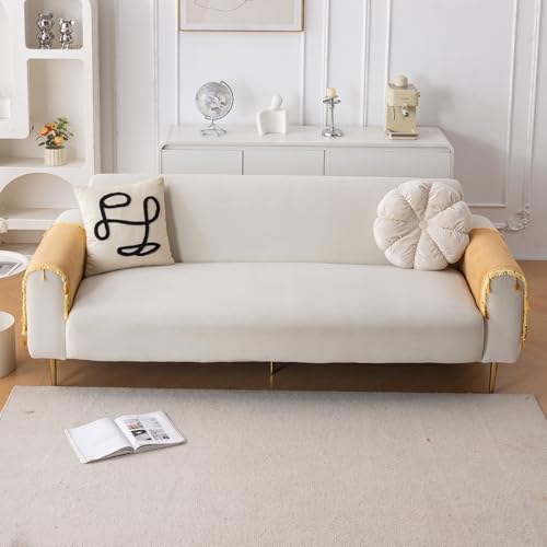 Image of HOKIPO 'Serenity Tassel' Chenille Sofa Arm Cover with Tassels - 1 Pair | Sunlit Amber (IN-893-GLD*2)