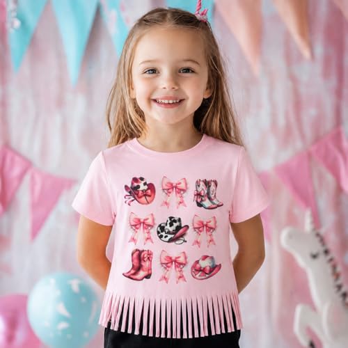 Image of Girls Western Shirt Cowgirls Embroidered Country Concert T Shirt Graphic Horseback Rider Tassel Fringe Tee Tops