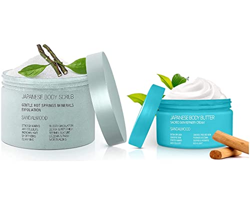 Onsen Secret Japanese Exfoliating Body Scrub & Nourishing Body Butter Moisturizing Cream With Natural Japanese Hot Spring Minerals, Jojoba Oil, Shea Butter (Sandalwood) #TOP23