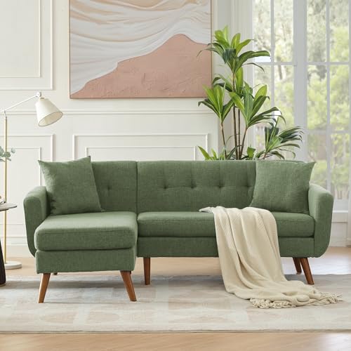 Tbfit L Shaped Couch Sofa, 80" W Mid-Century Modern Sectional Couches, 3 Seater Sofas with Wide Chaise Lounge & Two Pillows,Button Tufted Upholstered Sectional Sofa for Living Room, Bedroom, Green