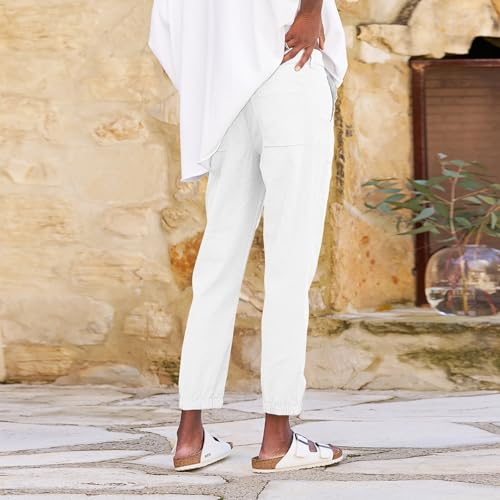 Cropped Linen Pants Women Summer Comfy Business Casual Pants Straight Leg Cinch Bottom Trousers Pants with Pockets3
