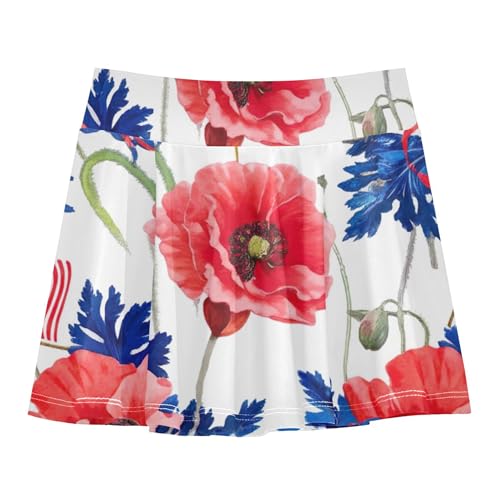 Red Poppies Blue Leaves Toddlers Tennis Skirts Running Girls Skorts Athletic Shorts Pleated 4t