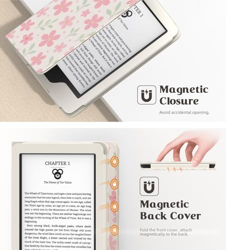Image of MoKo Case Fits All-New 6 inch E-Reader(11th Gen, 2024 /2022)(10 /8th Gen,2019 /2016),Ultra Lightweight PU Shell Cover with Auto Wake /Sleep for Ebook 2024,Not for Kobo Aura 2 /Remarkable, Flower & Leaves