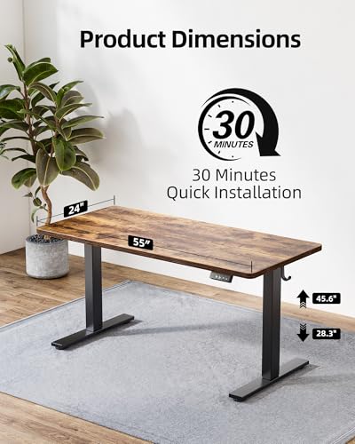 Image of TIQLAB Standing Desk 55 x 24 inch, Electric Height Adjustable with Splice Board, Stand Up Desk, Sit Stand Desk Computer Desk for Home Office, Black Frame /Rustic Brown Top