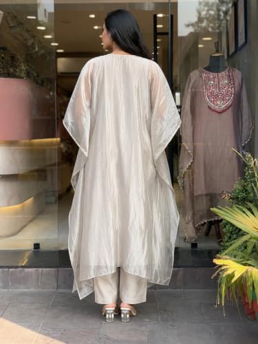 Image of GoSriKi Kurta Set for Women Glass Tissue Embroidered | Kaftan Kurti Set for Woman | Kurta Palazzo 2 Piece Outfit | Round Neck Kaftan Sleeve Ethnic Dress Stylish Womens Clothing