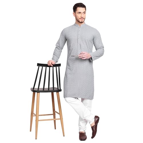 Image of Rayon Ethnic Wear Full Chikankari Sequin Embroidery Mirror Work Traditional Straight Kurta Pyjama Set for Men