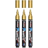 Overseas Gold Paint Pens Paint Markers - Permanent Acrylic Markers 3 Pack, Water Based, Quick Dry, Waterproof Marker Pen for Rock, Wood, Plastic, Metal, Canvas, Glass, Fabric, Mugs. Medium Tip