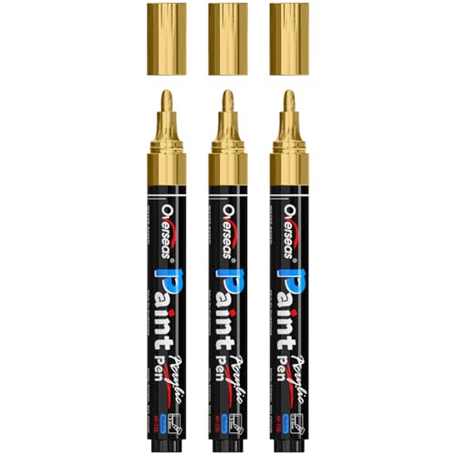 Overseas Gold Paint Pens Paint Markers - Permanent Acrylic Markers 3 Pack Water Based Quick Dry Waterproof Marker Pen for Rock Wood Plastic Metal Canvas Glass Fabric Mugs. Medium Tip