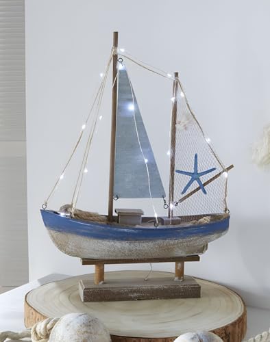 Dekoleidenschaft LED Deko Segelschiff aus Holz im Shabby Look, 48 cm hoch, Leuchtdeko maritim, Dekofigur, Boot, Segelboot