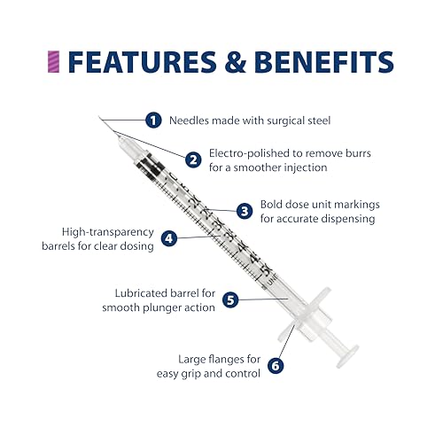 Image of Easy Touch Individually Wrapped 28 Gauge U-100 Insulin Syringes (28G 0.5cc 1 /2 inch) with 1 /2 inch Long Needle, 0.5cc (50 Unit Capacity), Bold Markings for Accurate Dosing, Disposable, Box of 100