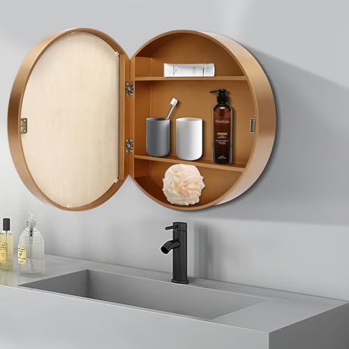 20" Round Bathroom Mirror Cabinet, Wall Mounted Storage Medicine Cabinet with Mirror, Wooden Round Wall Storage Cabinet for Bathroom, Stylish & Functional Design
