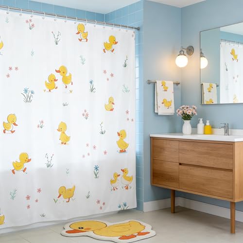Cute Duck Shower Curtain Kids Boys Girls Cartoon Flowers Leaves Waterproof Curtain Farmhouse Animals Plants Bathroom Curtain Teens Adult Room Decor Yellow White Bath Curtain 12 Hooks 72Wx72L