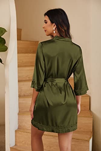 Image of Ekouaer Women Silky Satin Robe Lace Bridesmaid Bathrobes Kimono Loungewear