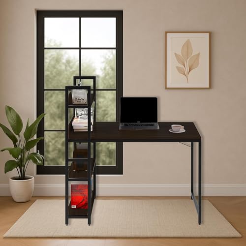 Image of Callas Computer Desk with Bookshelf - Modern Industrial Study Table with Storage Shelves for Home Office, Bedroom, or Study - Space-Saving Laptop Workstation Desk (ST-20-Black)