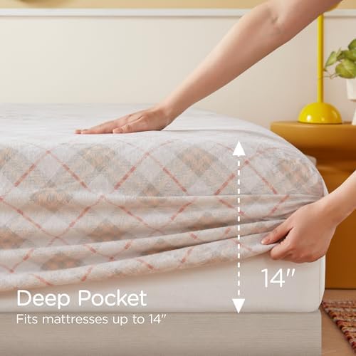 Codi Flannel Sheets Queen Size- 4 Pieces Ultra Soft Warm Sheet Set, Cozy 100% Cotton Pink Plaid Bedsheets, Brushed for Extra Softness, Fall Themed, 14 Inch Deep Pocket - Thumbnail 5