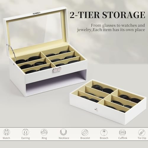 Image of AUTOARK Leather 12 Piece Eyeglasses Storage Display Case,White,AW-053 | Sunglass Organizer,Drawer Lockable,Display Drawer