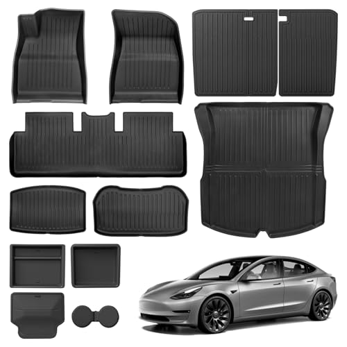 Weize Tesla Model 3 Highland 2025 2024 Accessories 12 PCS Full Set - All Weather Floor Mats & Center Console Organizer Combo | 8PCS Floor Liners + 4 PCS Double Layer Console Organizer
